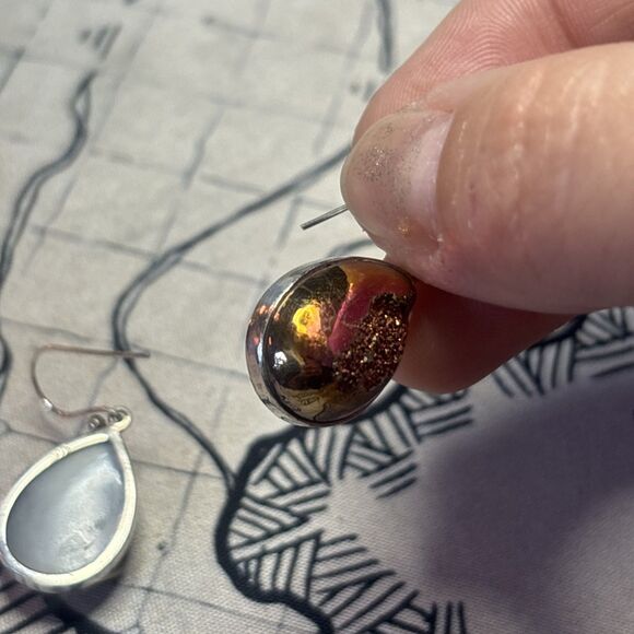 Rainbow Druzy 925 Sterling Silver Polished Stone Tear Drop Dangle Earrings - Picture 5 of 7